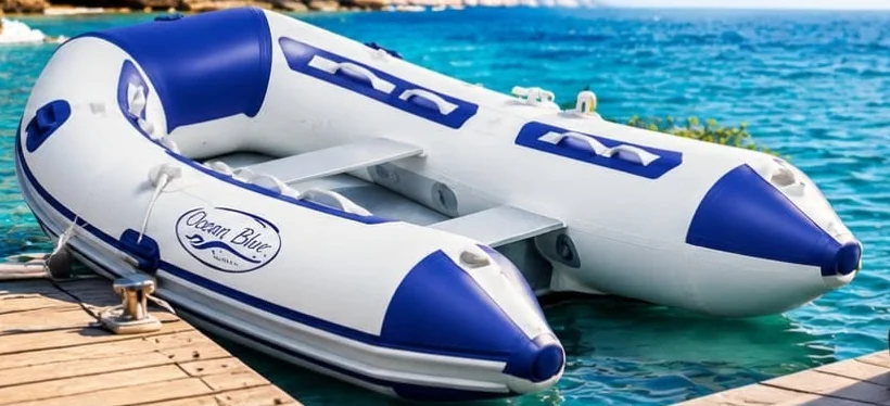 An Ocean Blue tender, white with navy tubes, tied to a jetty